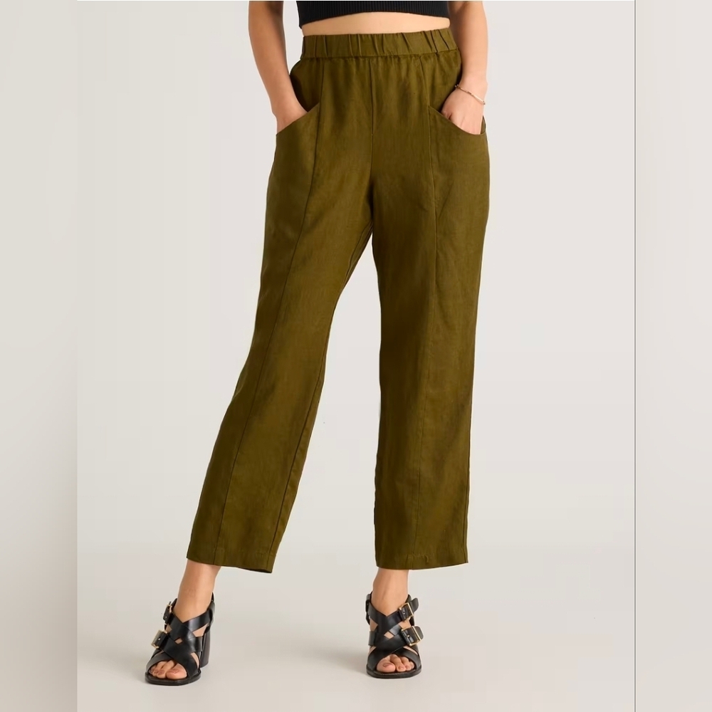 Quince Olive Green Cropped Linen Blend Pants
